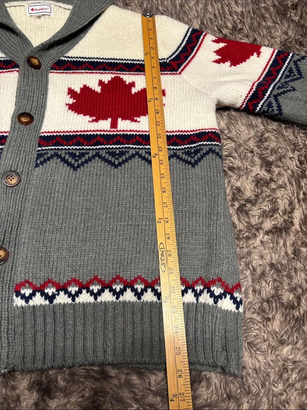 NWOT Shawl-Collar Cardigan Sweater in Gray, Cream & Red Maple Motif - Picture 9 of 10